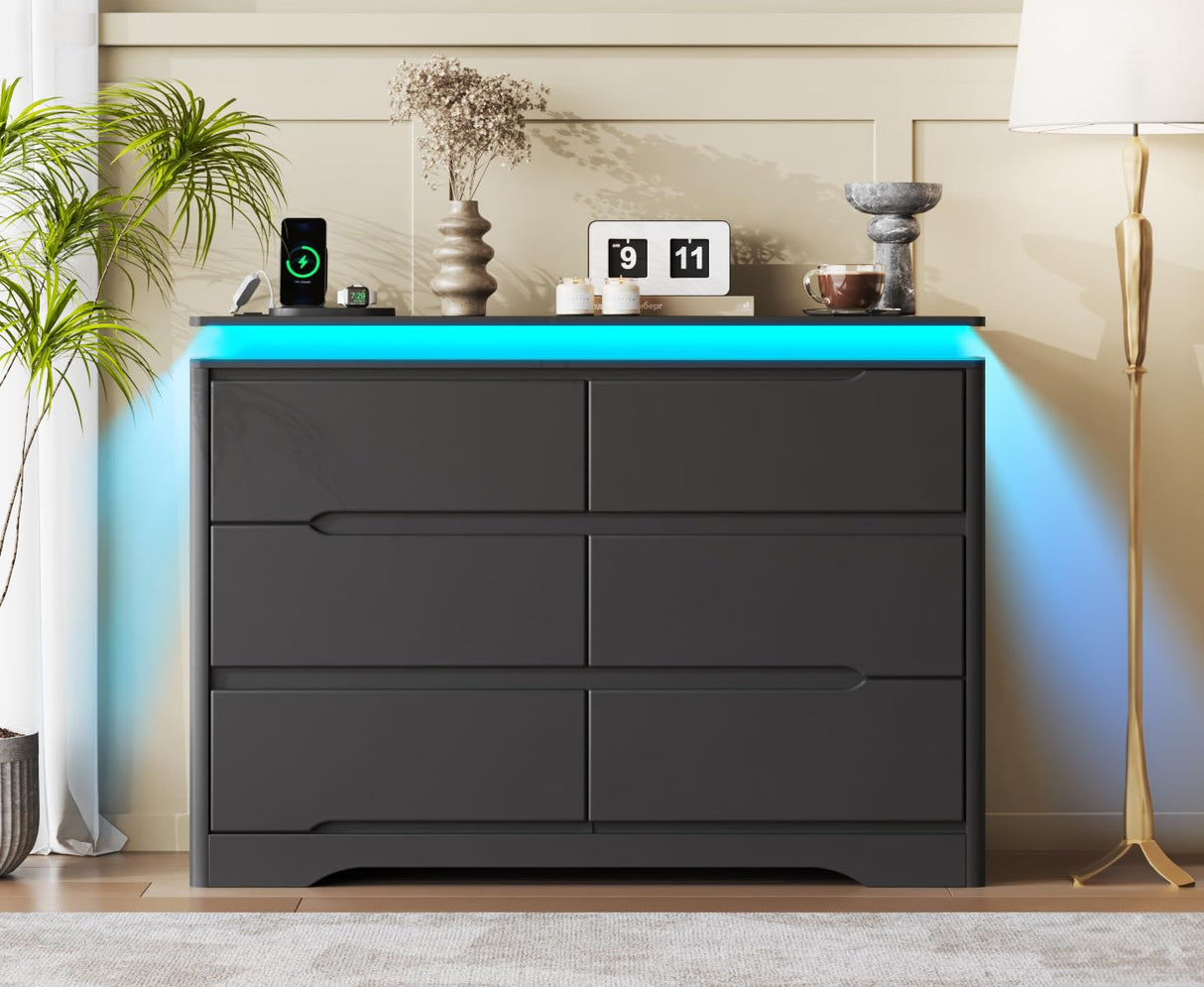 Fameill Black Dresser for Bedroom, 6 Drawer Dresser with LED Lights, Modern Dresser Organizer with Charging Station, Double Wide Chest of Drawers for Living Room, Entryway Fameill