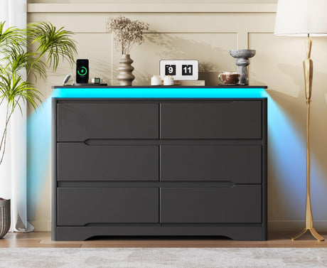 Fameill Black Dresser for Bedroom, 6 Drawer Dresser with LED Lights, Modern Dresser Organizer with Charging Station, Double Wide Chest of Drawers for Living Room, Entryway Fameill
