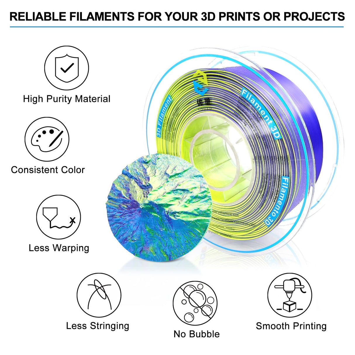 YOUSU 3D Printer Filament, Tri-Colors PLA Filament 1.75mm, Coextrusion Silk PLA Filament, Rainbow PLA Filament with Silk PLA Blue-Purple-Yellow, 3D Printing Filament +/-0.02mm, 1kg/2.2lbs Yousu
