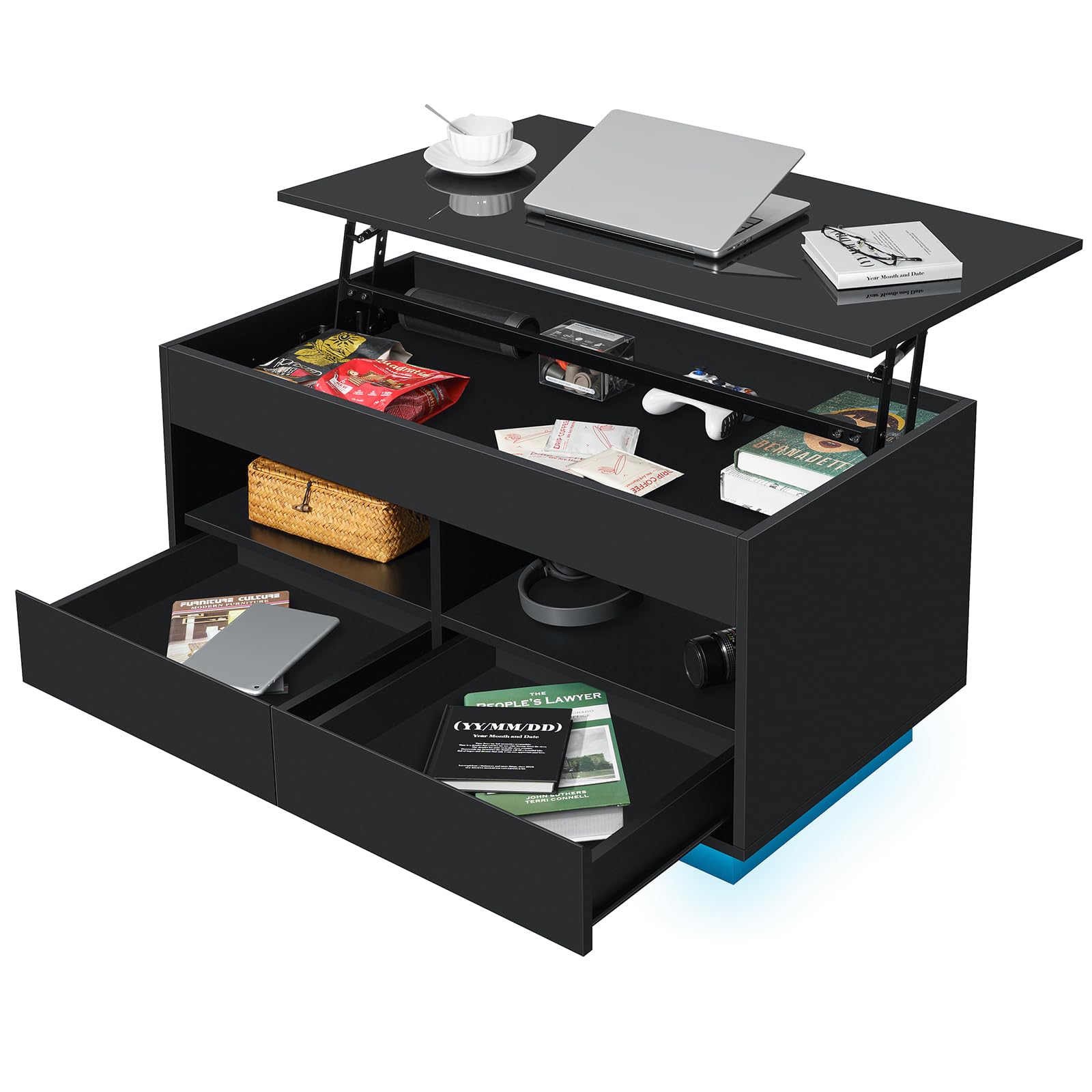 HOMMPA Lift Top Coffee Table with LED Light Morden Coffee Table with Storage Black Coffee Table for Living Room High Gloss Tea Table LED Center Tables Hidden Compartment & 2 Open Shelve & 2 D - WoodArtSupply