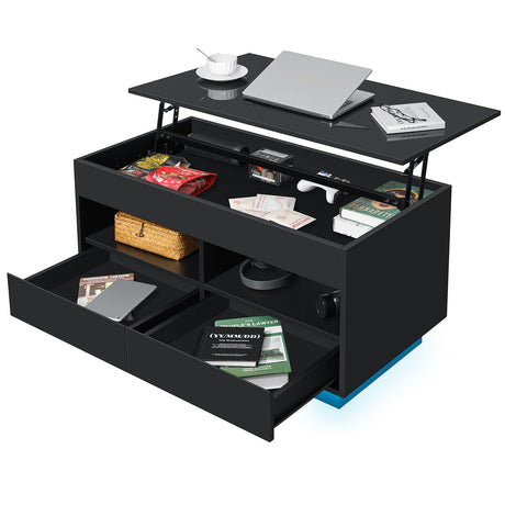 HOMMPA Lift Top Coffee Table with LED Light Morden Coffee Table with Storage Black Coffee Table for Living Room High Gloss Tea Table LED Center Tables Hidden Compartment & 2 Open Shelve & 2 Drawers HOMMPA