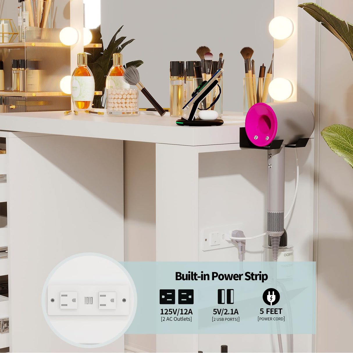 VOWNER Vanity Desk and Dresser Combo, Extendable Makeup Vainty with with Lighted Mirror & Power Outlet, Wood Corner Vanity with 6 Drawer Dresser, Makeup Table for Women, Bedroom Dressing Table(White) VOWNER