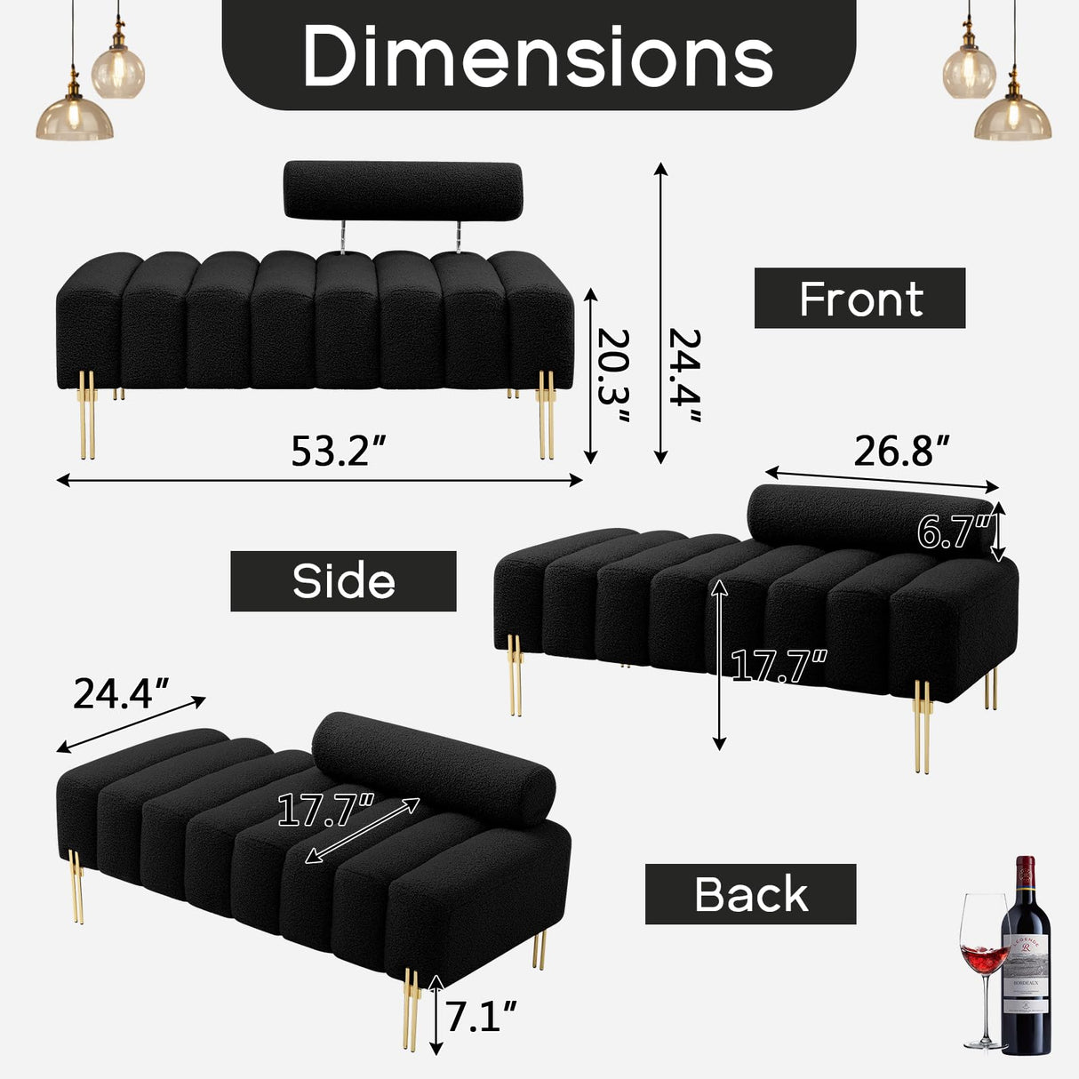NIOIIKIT 53.2" Modern Loveseat Sofa Couch, Upholstered Accent Sofa with Golden Legs and Adjustable Backrest, Small Teddy Fleece Couches for Bedroom, Living Room, Compact Small Space (Black) NIOIIKIT