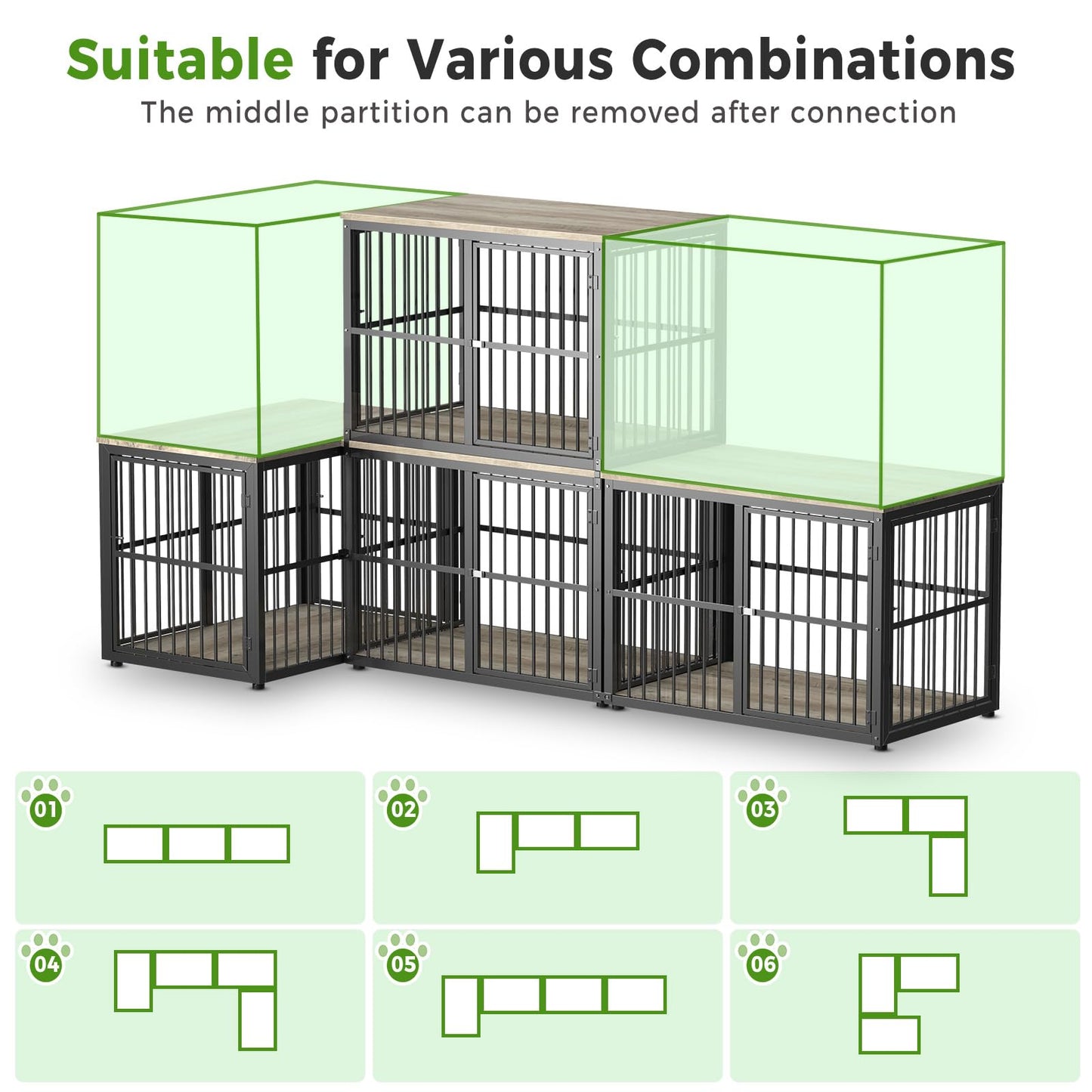 Lyromix 43'' L-Shaped Corner Dog Crate Furniture Large Breed for 2 Dogs with Double Rooms,Wooden Dog Crate End Table Indoor with Removable Divider for Small to Medium Dogs, Can Use Separately - WoodArtSupply