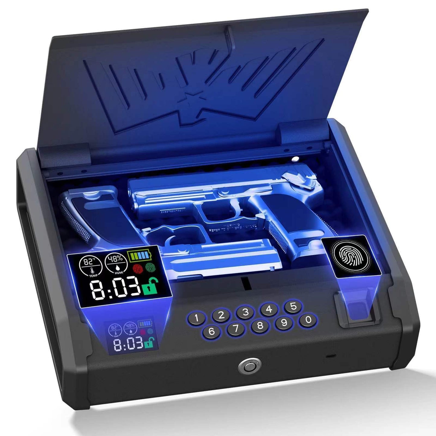 MOJOHAND Gun Safe for Pistols with LCD Display of Temperature Humidity, Fingerprint Quick-Access, Firearm Safety Device with Keys, Smart Handgun Safe for Nightstand, Car, 2 Gun Capacity