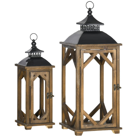 HOMCOM 2 Pack 31"/21" Large Rustic Lantern Decorations, Hanging Wooden Metal Indoor Covered Outdoor Lantern for Home Decor (No Glass), Black and Dark Wood Color HOMCOM