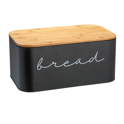 Bloomingville Metal Bin with Bamboo Lid, Black Bread Box, 11.75" L x 5.25" W x 7" H