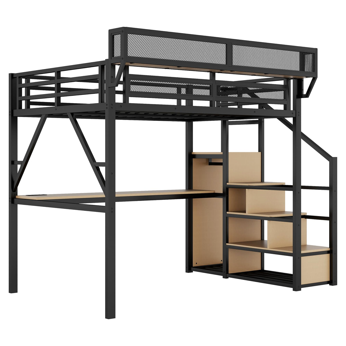 Full Loft Bed with Desk and RGB Light, Metal Loft Bed Frame with Stairs and Bedside Shelf, Heavy-Duty Lofts Beds with Storage Shelves and Wardrobe for Kids Teens, Black Mirightone
