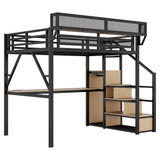 Full Loft Bed with Desk and RGB Light, Metal Loft Bed Frame with Stairs and Bedside Shelf, Heavy-Duty Lofts Beds with Storage Shelves and Wardrobe for Kids Teens, Black Mirightone