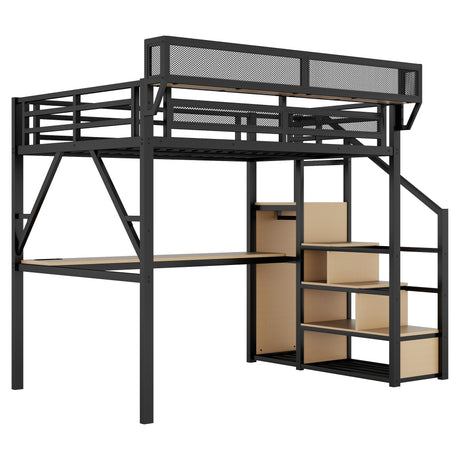 Full Loft Bed with Desk and RGB Light, Metal Loft Bed Frame with Stairs and Bedside Shelf, Heavy-Duty Lofts Beds with Storage Shelves and Wardrobe for Kids Teens, Black Mirightone