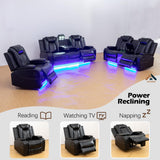 JBXBER Power Recliner Sofa Set with LED Lights, Power Reclining Sofa Set with Cup Holder, Storage Console, Faux Leather Couch for Home Theater Seating(Sofa, Loveseat and Chair,Black) JBXBER