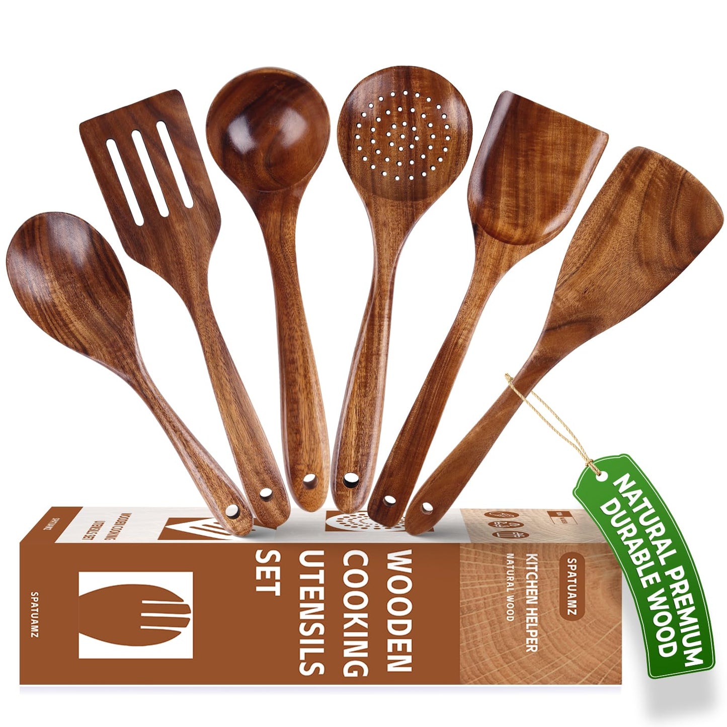 Wooden Cooking Spoons, Ladle and Spatula, Fine Polished Teak Wood Cooking Utensils Set, Nonstick Wooden Kitchen Spoon & Spatula Set(6Pcs)