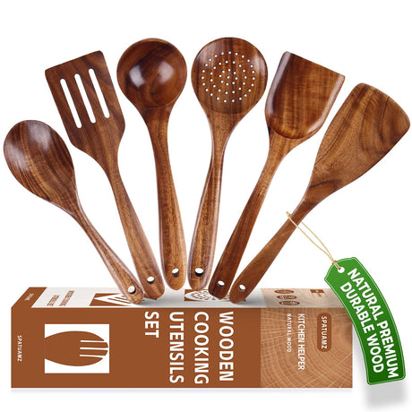 Wooden Cooking Spoons, Ladle and Spatula, Fine Polished Teak Wood Cooking Utensils Set, Nonstick Wooden Kitchen Spoon & Spatula Set(6Pcs) SPATUAMZ