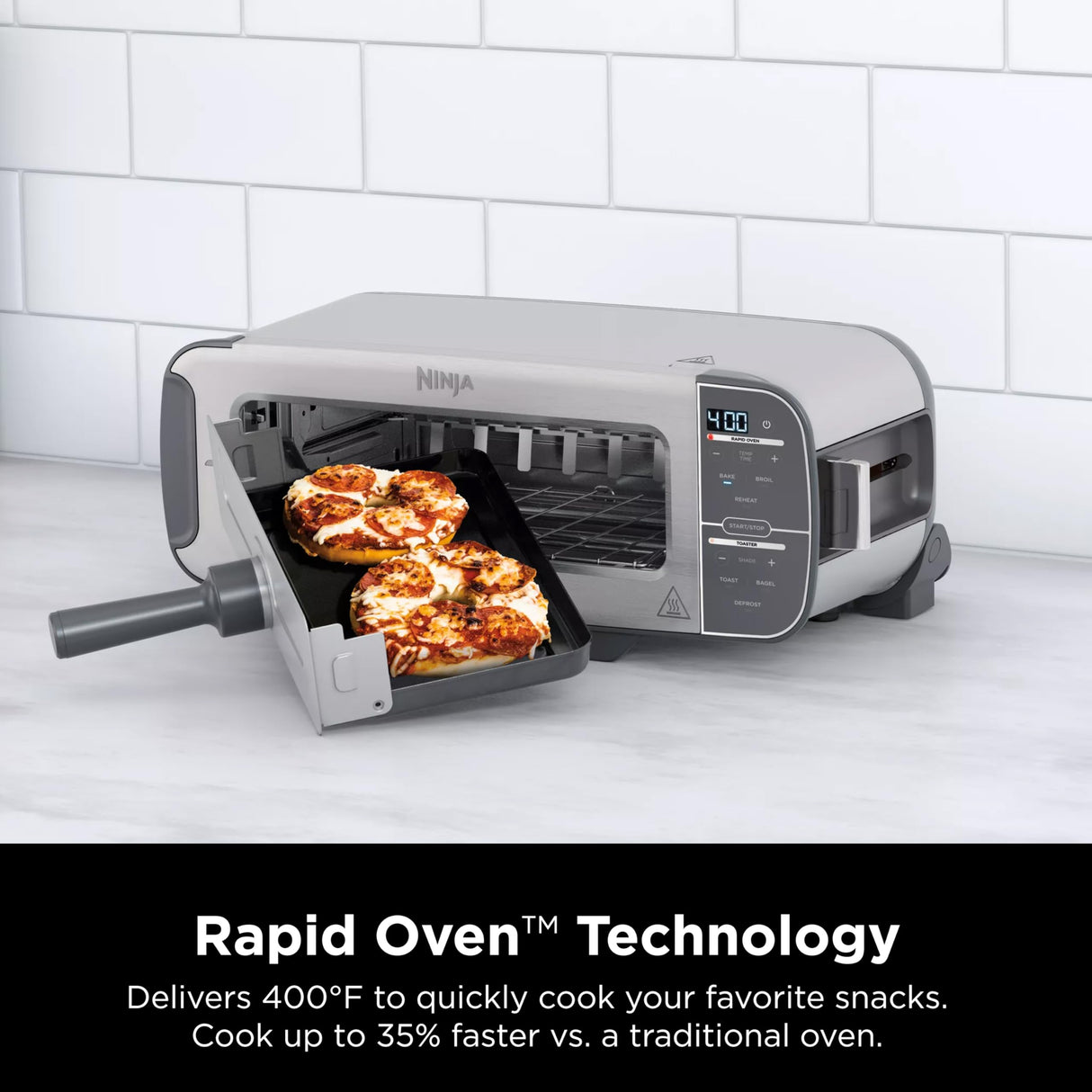 Ninja ST101 Foodi 2-in-1 Flip Toaster, 2-Slice Capacity, Compact Toaster Oven, Snack Maker, Reheat, Defrost, 1500 Watts, Stainless Steel, 6 Functions Ninja