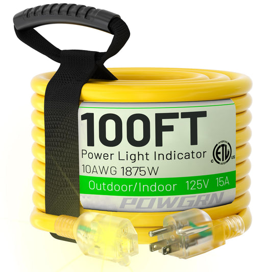 POWGRN 100 Ft 10/3 Outdoor Extension Cord Waterproof Heavy Duty 10 Gauge 3 Prong, Flexible Cold-Resistant Long Power Cord Outside with Lighted Indicator End, 15Amp 1875W SJTW Yellow ETL Liste - WoodArtSupply