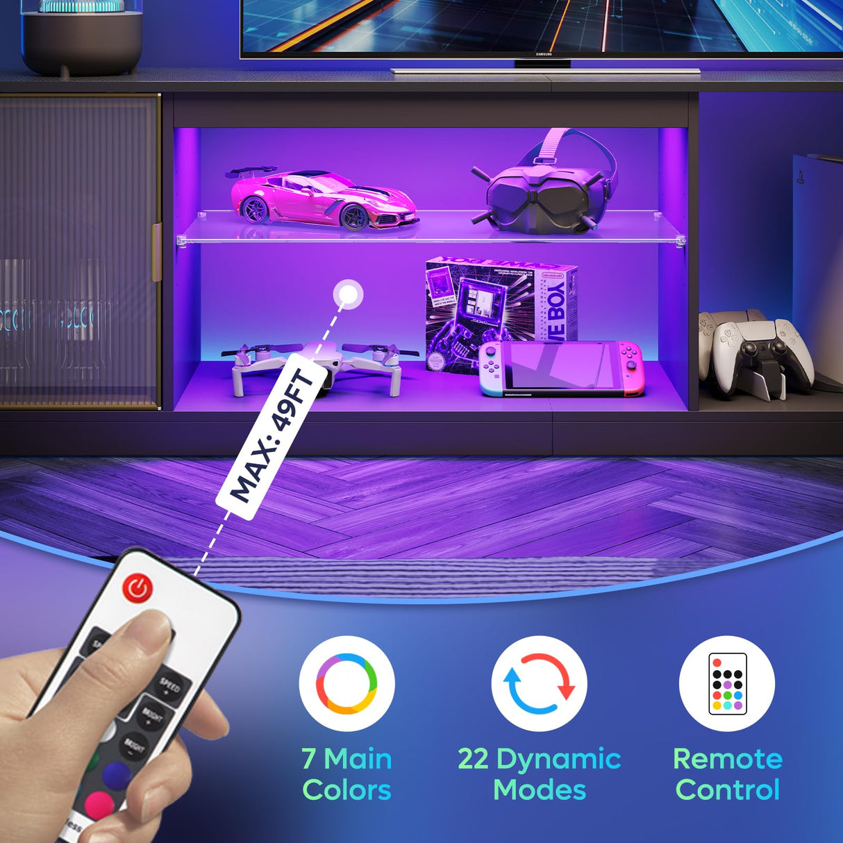 Bestier LED Gaming TV Stand for 80 inch TV, Large Entertainment Center with Storage Cabinet for PS5 Xbox, TV Console for Living Room Bedroom, Adjustable Glass Shelf & Acrylic Doors, Black Bestier