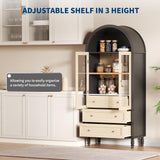 70 in Tall Arched Storage Display Cabinet, Kitchen Pantry Cabinet with LED Lights, Adjustable Shelf, 3 Drawers and Tempered Glass Doors, Boho Arch Bookshelf for Kitchen Dining Living Room- Black & Oak Garvee