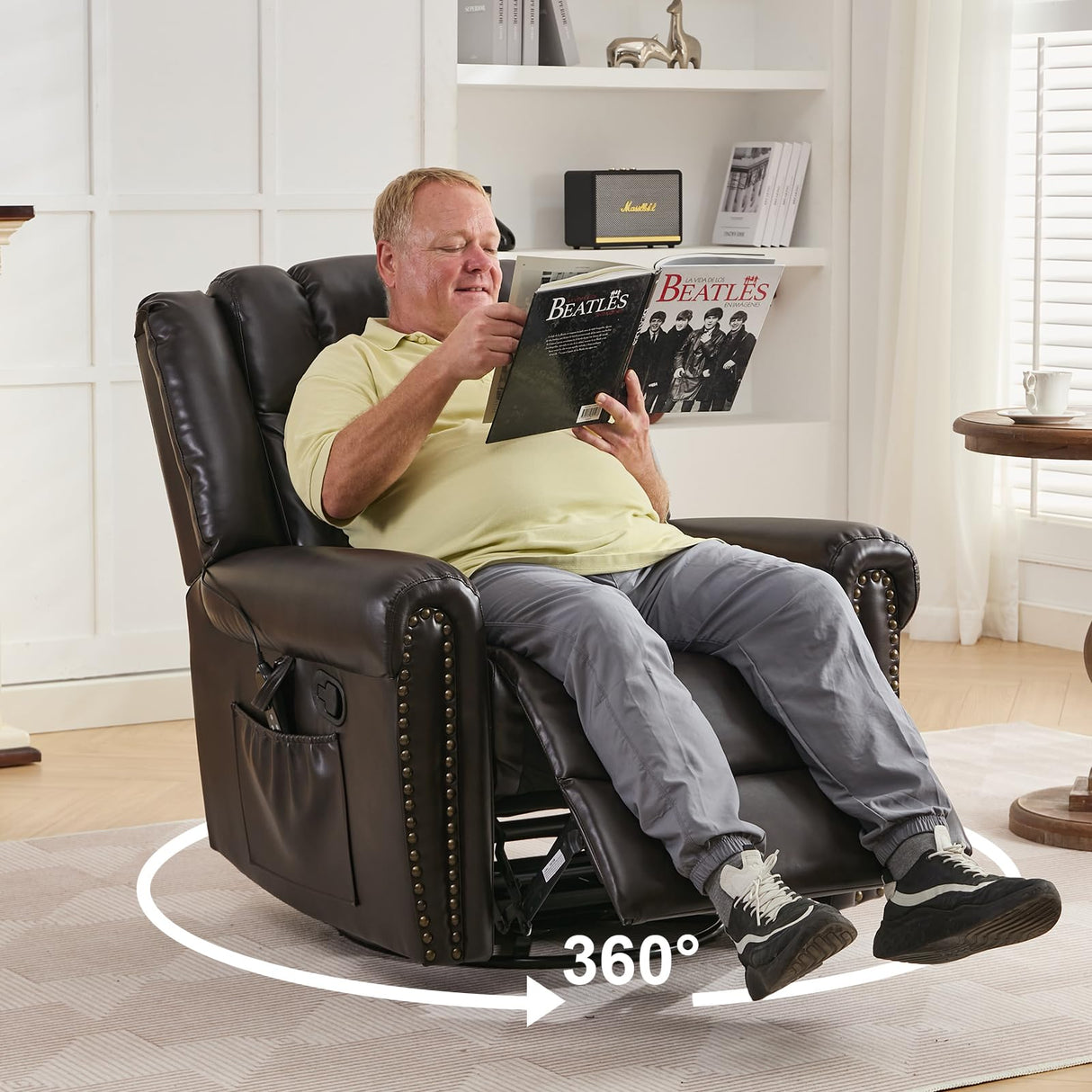 SOFTHION Swivel Rocker Recliner Chair, Leather Massage Vibration Heat Traditional Manual Recliner for Adults, Single Sofa for Living Room, Bedroom Home Theater Seating, Glider, Brown SOFTHION