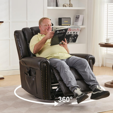 SOFTHION Swivel Rocker Recliner Chair, Leather Massage Vibration Heat Traditional Manual Recliner for Adults, Single Sofa for Living Room, Bedroom Home Theater Seating, Glider, Brown SOFTHION