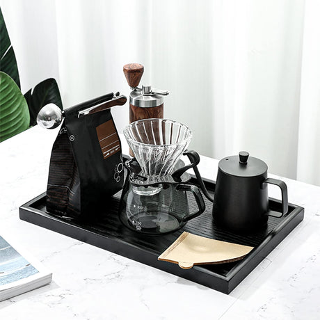 16 x 11 Inches Extra Large Solid Wood Serving Tray Tea Coffee Table Tray Snack Food Meals Serving Plate Kitchen Party Bar Server Breakfast Tray with Raised Edges Black Ottoman Tray Rectangle XKXKKE