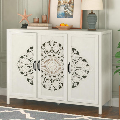 48"Accent Cabinet with 3 Doors, Farmhouse Sideboard Buffet Cabinet with Storage, Modern Credenza Storage Cabinet with Wood Carved Floral Doors for