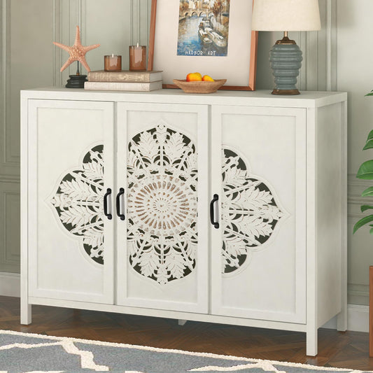 48"Accent Cabinet with 3 Doors, Farmhouse Sideboard Buffet Cabinet with Storage, Modern Credenza Storage Cabinet with Wood Carved Floral Doors for Living Room, Dining Room, Entryway, Hallway, - WoodArtSupply