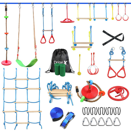 Ninja Obstacle Course for Kids Backyard - 10 Durable Obstacles and 60' Slackline - Outdoor Warrior Obstacle Playset Equipment with Gymnastic Ring, Rope Ladder, Ninja Wheel, Climbing Rope Swing Dripex