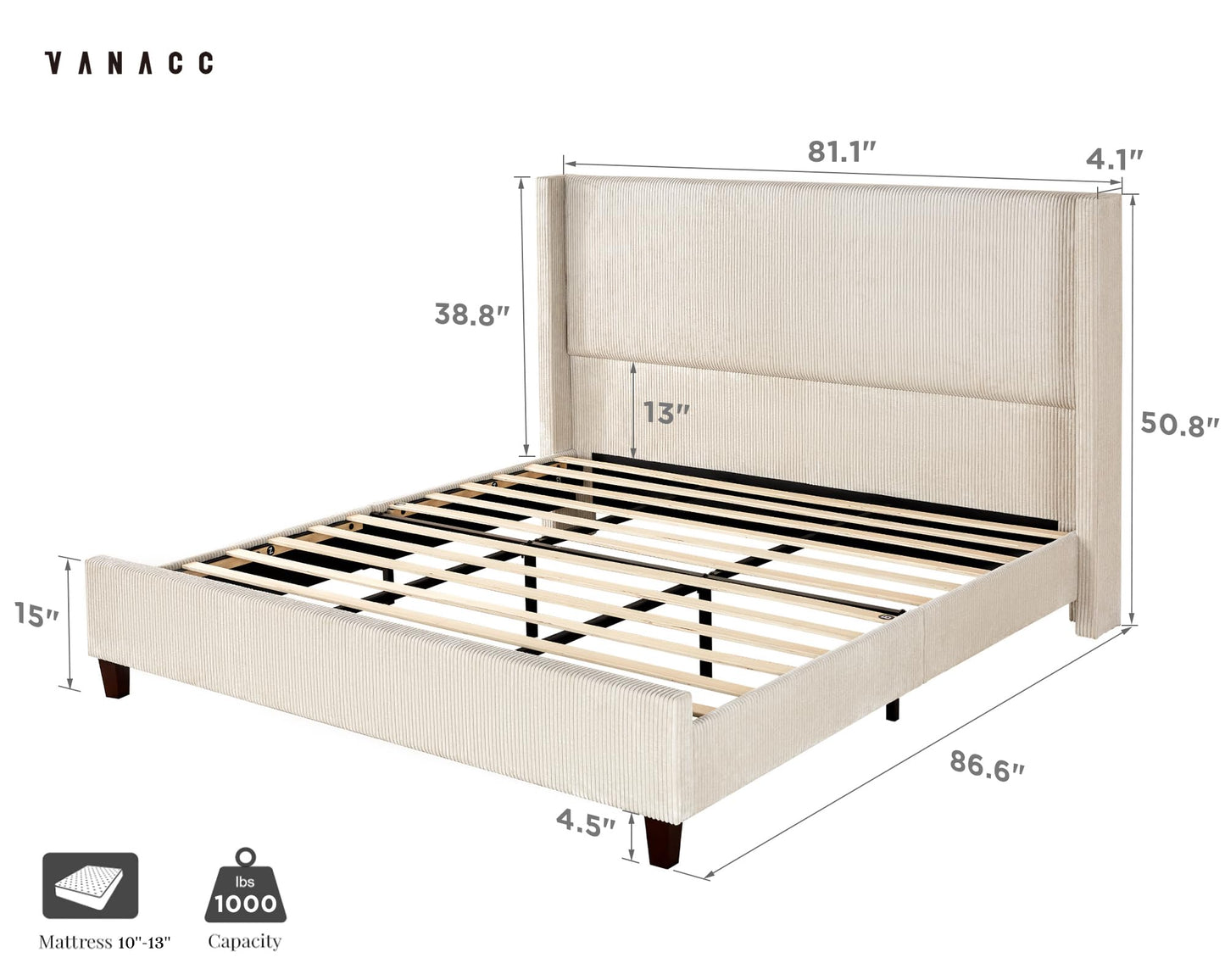 VanAcc King Size Modern Beige Upholstered Platform Bed Frame with Wingback and Tufted Headboard - WoodArtSupply