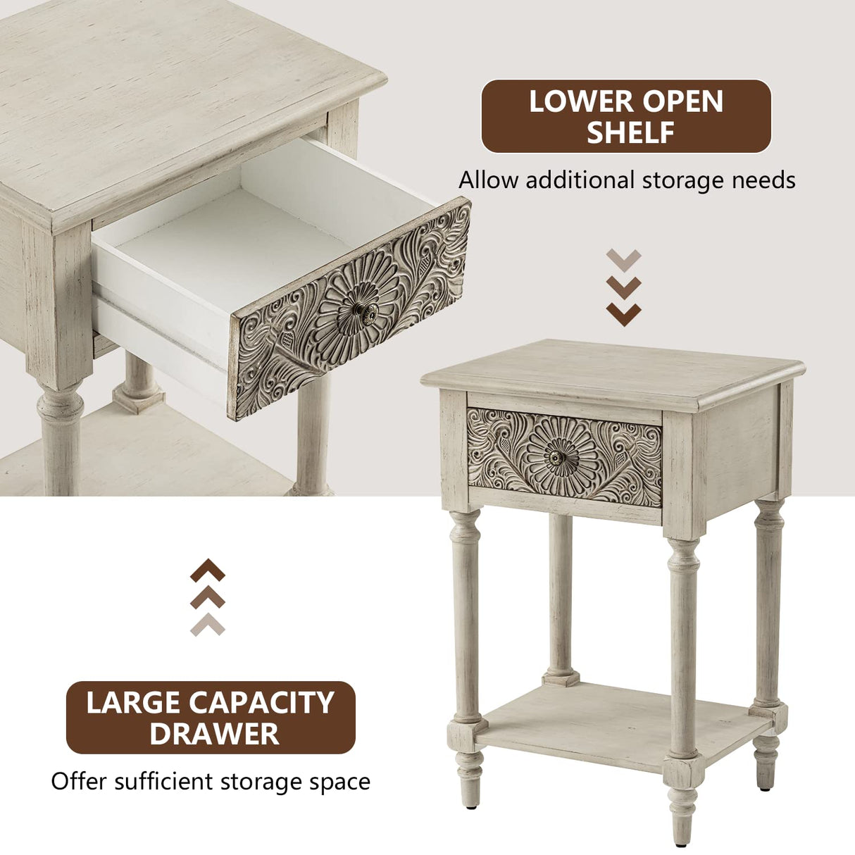 COSIEST Vintage Nightstand, MDF 2-Tier Bedside Table, Wood Accent End Table with Storage Drawer and Open Display Shelf for Bedroom Living Room COSIEST