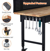 Heavy Duty Workbench 60" with Rubber Wood Top and Pegboard – Adjustable Rolling Worktable with Drawer Storage, Power Outlet & Lockable Wheels, 2000 lb Capacity Hardwood Workbench for Garage, Workshop Euker