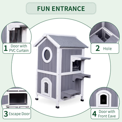 GEGURI Outdoor Cat House Weatherproof, Wooden Two-Story Feral Cat Shelter with Openable Roof, Escape Door, Balcony - WoodArtSupply