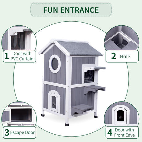 GEGURI Outdoor Cat House Weatherproof, Wooden Two-Story Feral Cat Shelter with Openable Roof, Escape Door, Balcony GEGURI