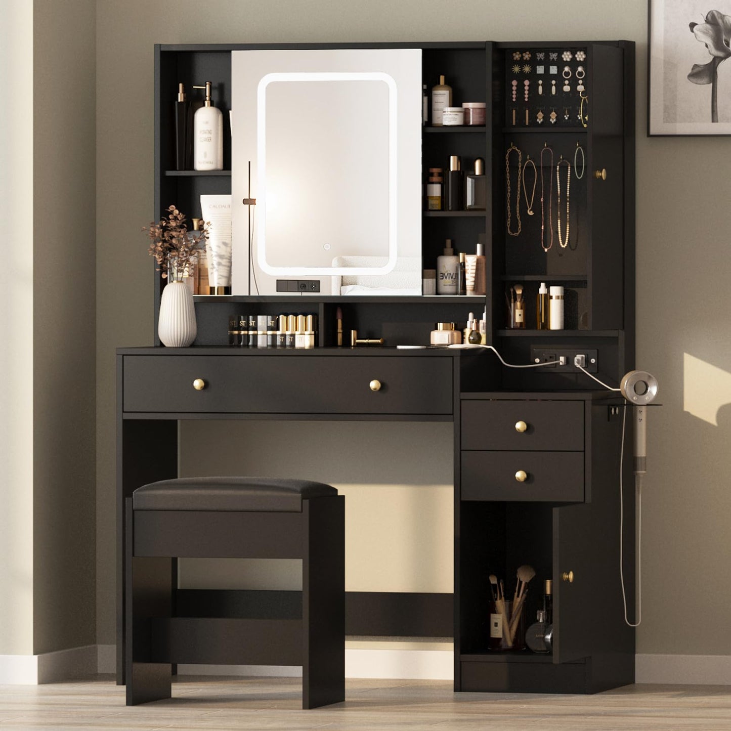 Vanity Table with Mirror, Lights and Charging Station - Glass Top Vanity with 3 Drawers, Jewelry Cabinet and Sliding Door, 42.8 Inches - WoodArtSupply