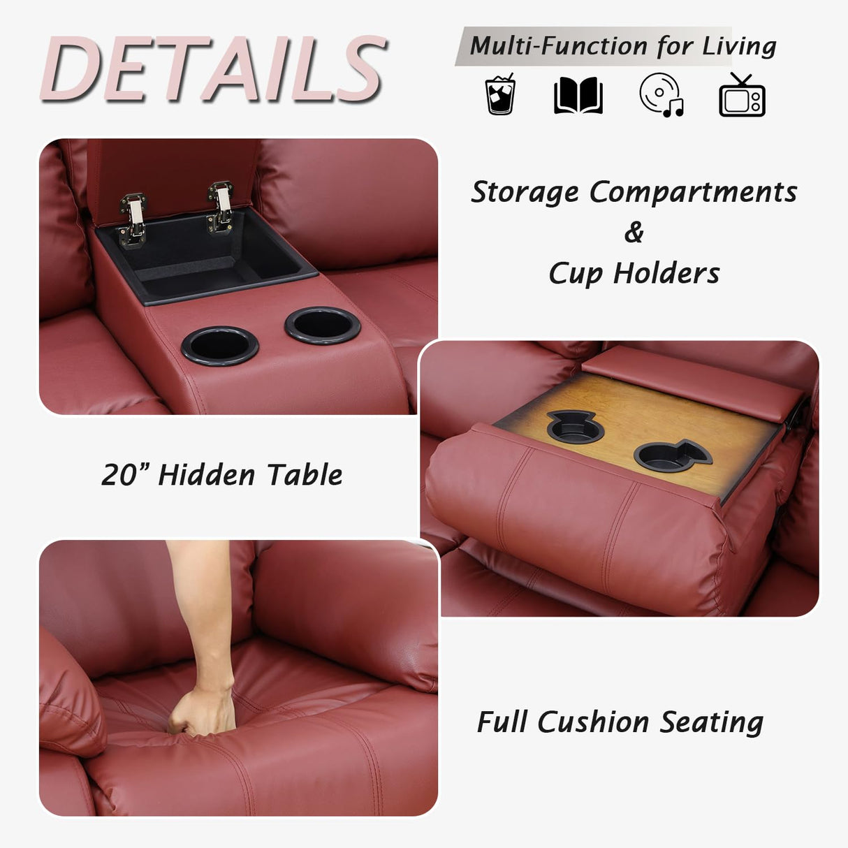 Caberryne 2 Pieces Leather Recliner Sofa Set，Recliner Sofa and Loveseat Sets for Living Room Furniture，Red Reclining Couch with 4 Recliners for Living Room/Office/Theater Seating(Sofa Set 2 Pieces) Caberryne