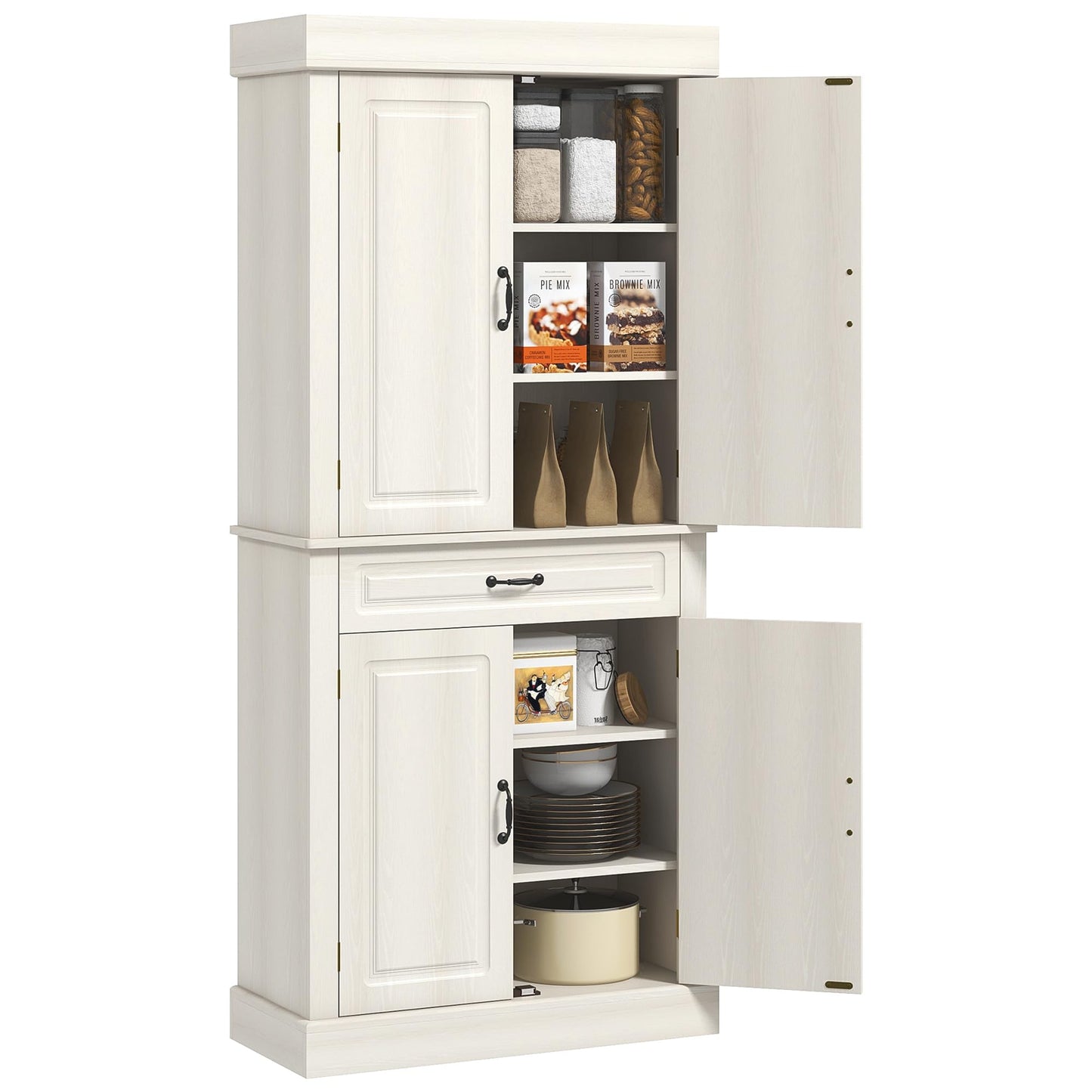 HOMCOM 71" Freestanding Kitchen Pantry with 4 Doors, and 2 Large Cabinets, Tall Storage Cabinet with Wide Drawer for Kitchen Dining Room, White