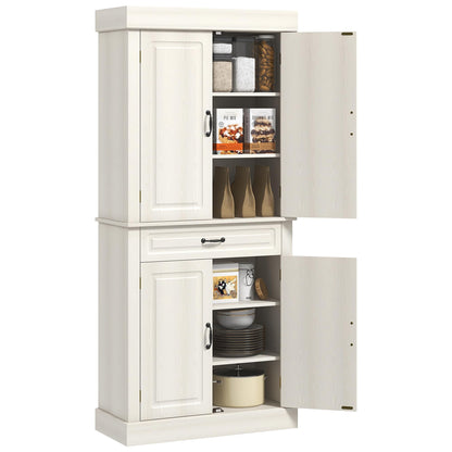 HOMCOM 71" Freestanding Kitchen Pantry with 4 Doors, and 2 Large Cabinets, Tall Storage Cabinet with Wide Drawer for Kitchen Dining Room, White