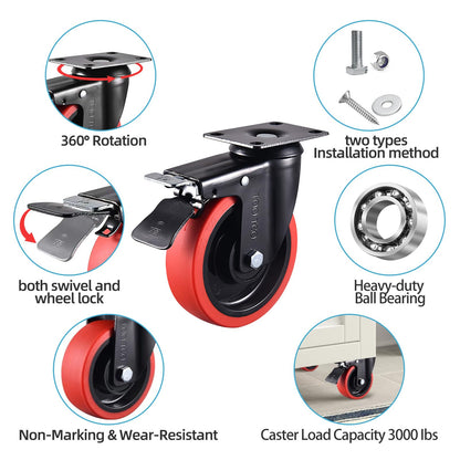 Heavy Duty TPR Rubber Wheels with Locking 5 Inch Caster Wheels Set of 4 3000Lbs Load Capacity Silent Swivel and Brake 360 Degree Casters Ideal for Industrial Carts Furniture Trolleys and Workbenches