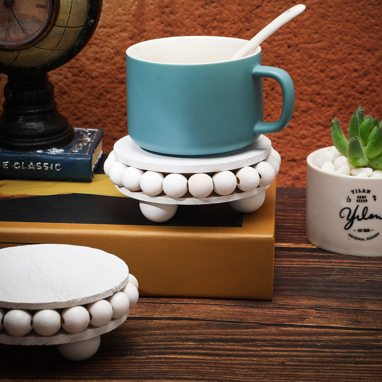 2 Pcs Wooden Risers for Displays Round Wood Riser Distressed Wood Risers Farmhouse Pedestal Display Stand Rustic Pedestal Stand Decor Beaded Display Risers for Tiered Trays Home (White, 3.94 Inch) Yookeer