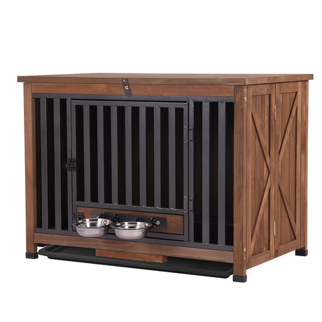 GUTINNEEN Dog Crate Furniture Foldable Dog Kennel for Small Medium Dogs Large Solid Wood Dog House with Bowl Heavy Duty Dog Cage End Table (Dark Brown) GUTINNEEN
