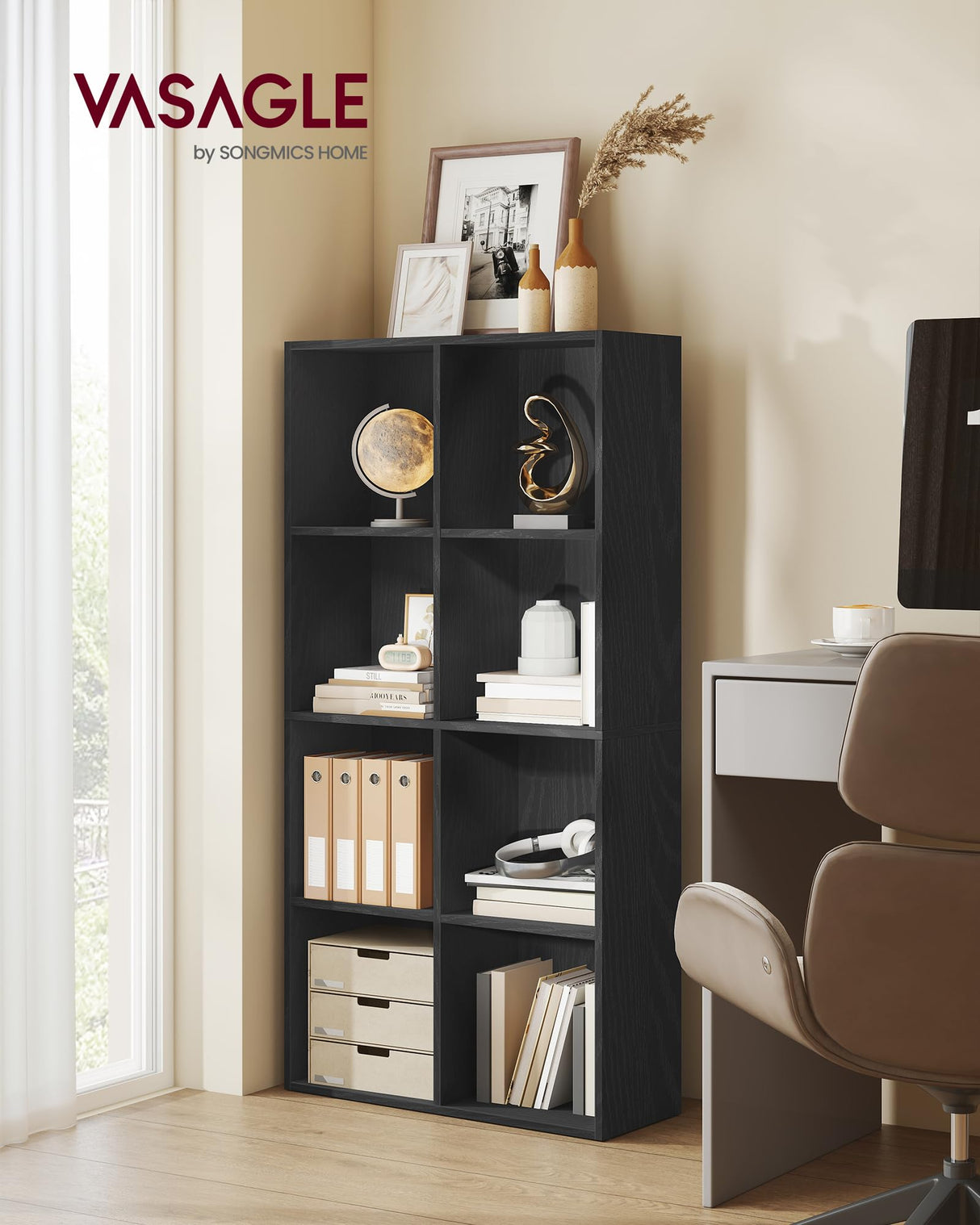 VASAGLE Custos Collection - Bookshelf, Bookcase, Cube Shelf with 8 Compartments, 9.4 x 25.8 x 51 Inches, Storage Shelf, for Living Room, Home Office, Dining Room, Ebony Black ULBC424B01 VASAGLE
