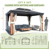 MELLCOM Gazebo 12' x 16', Wooden Finish Coated Thicker Aluminum Frame Gazebo with Galvanized Steel Roof, Outdoor Patio Gazebos with Curtains and Nettings for Patio, Lawn & Garden MELLCOM