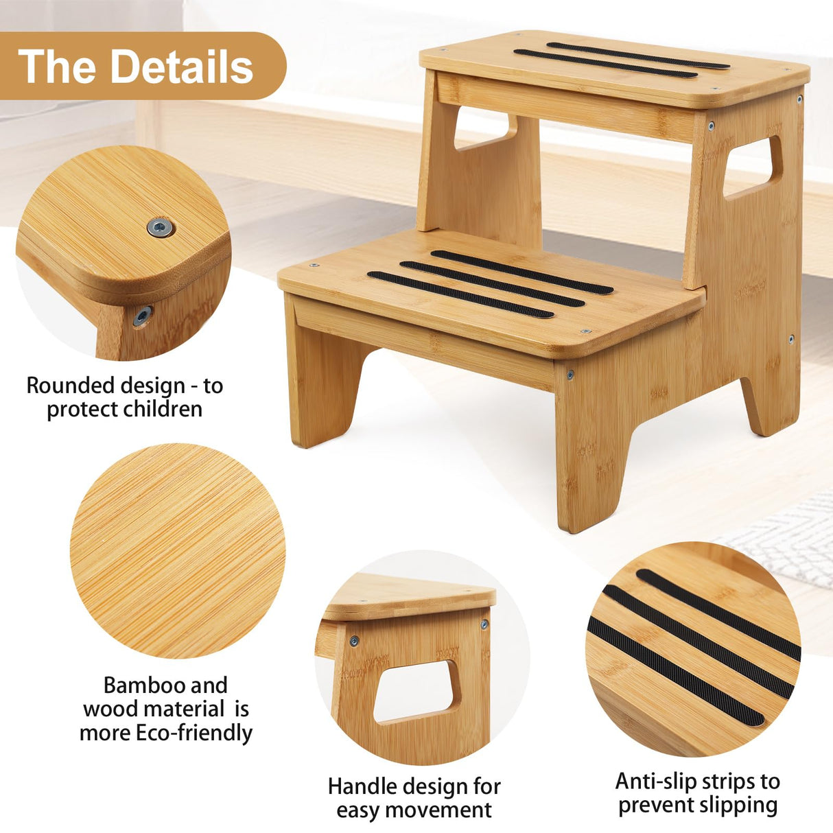 Wooden 2-Step Stool, Bamboo Step Stool with Handles, DIY Non-Slip Surface, Portable Stepping Stool for Kitchen, Toilet, Bathroom Sink, Bedroom, Natural BShome