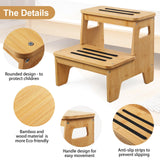 Wooden 2-Step Stool, Bamboo Step Stool with Handles, DIY Non-Slip Surface, Portable Stepping Stool for Kitchen, Toilet, Bathroom Sink, Bedroom, Natural BShome