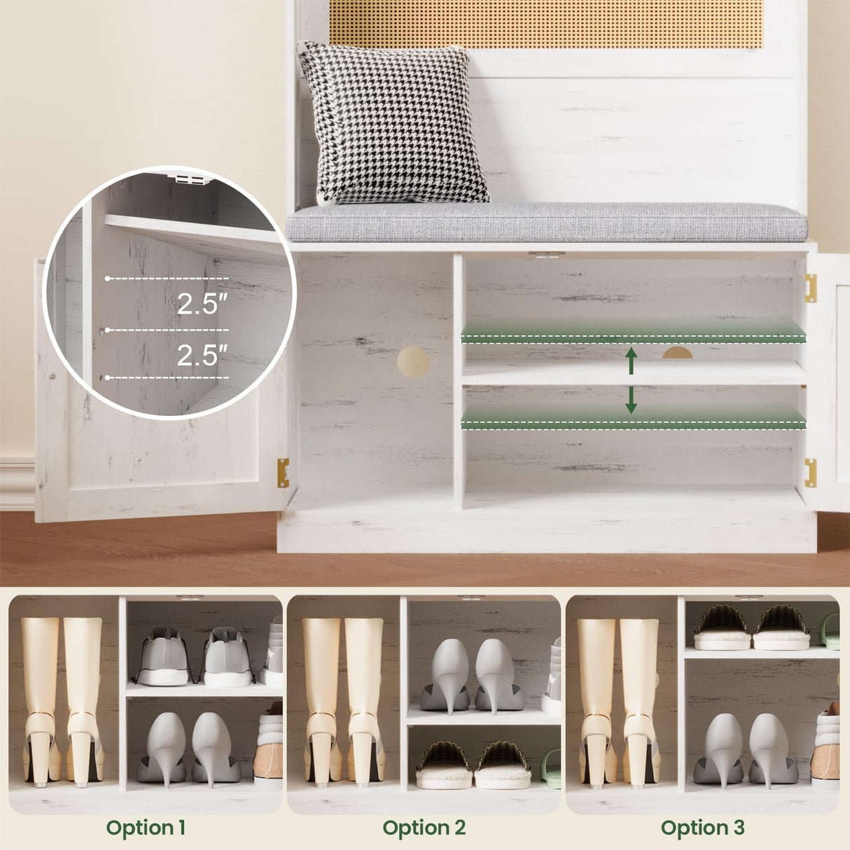 HOVANESTY Hall Tree with Bench and Shoe Storage, 5-in-1 Entryway Bench with Coat Rack, Padded Seat Cushion, 7 Tri-Hooks, Adjustable Shelf, Farmhouse Boho Furniture Organizer for Hallway, Rustic White HOVANESTY