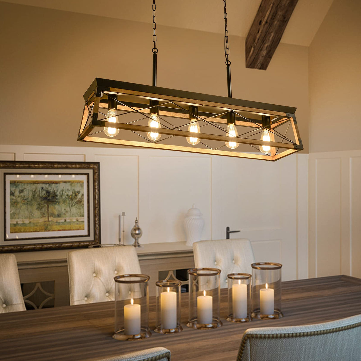 Airposta Farmhouse Rustic Wood Chandelier, 5 Lights Metal Rectangle Dining Room Swag Lighting, Kitchen Island Industrial Linear Cage Pendant Light Fixtures Hanging Lamp Airposta