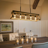 Airposta Farmhouse Rustic Wood Chandelier, 5 Lights Metal Rectangle Dining Room Swag Lighting, Kitchen Island Industrial Linear Cage Pendant Light Fixtures Hanging Lamp Airposta