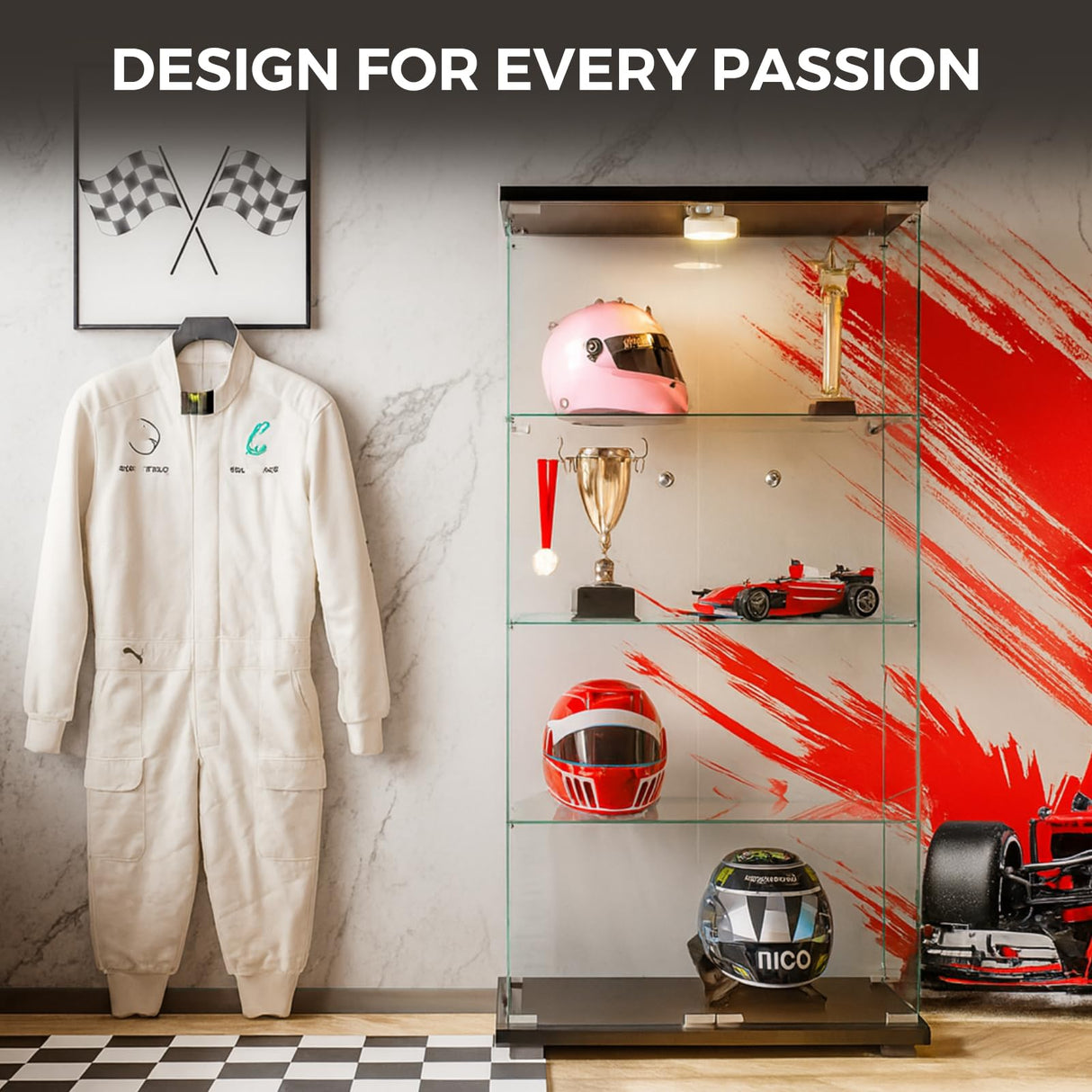 HAMBING Glass Display Cabinet with LED Lights and Lock, 4-Shelf Tempered Glass Curio Cabinet with 2 Doors, Collectible Display Showcase for Living Room, Bedroom – Black HAMBING