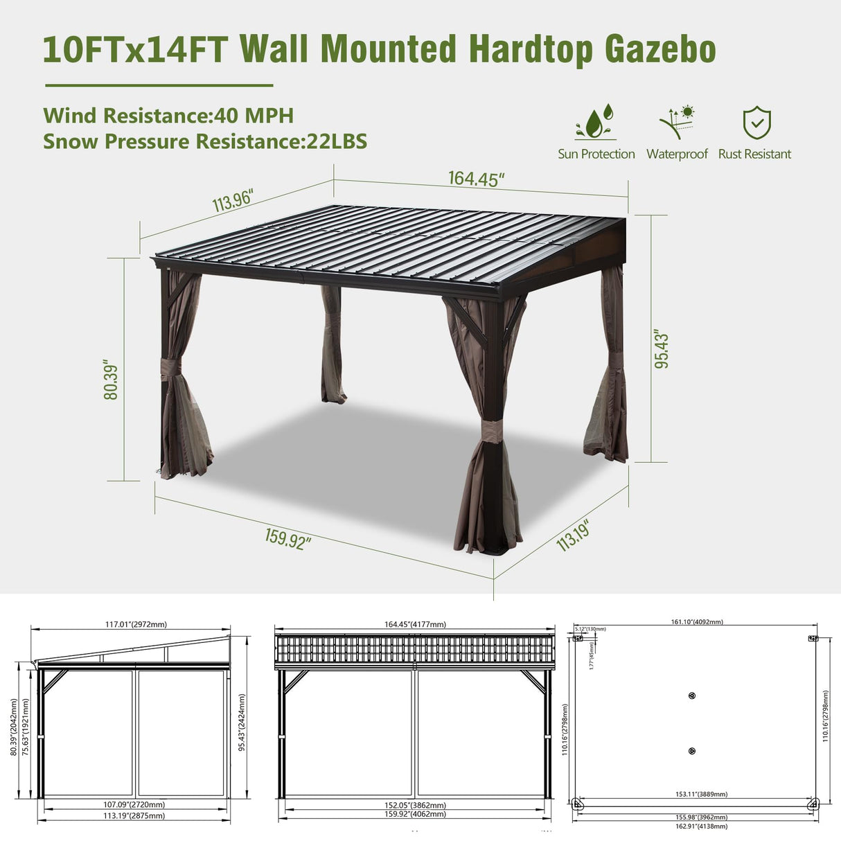 Domi 10x14FT Lean to Gazebo with Gutters, Outdoor Wall Mounted Pergola Hardtop with Galvanized Steel Sloping Roof, Patio Metal Canopy with Curtains and Nettings, Outside Awning for Backyard, Garden domi outdoor living
