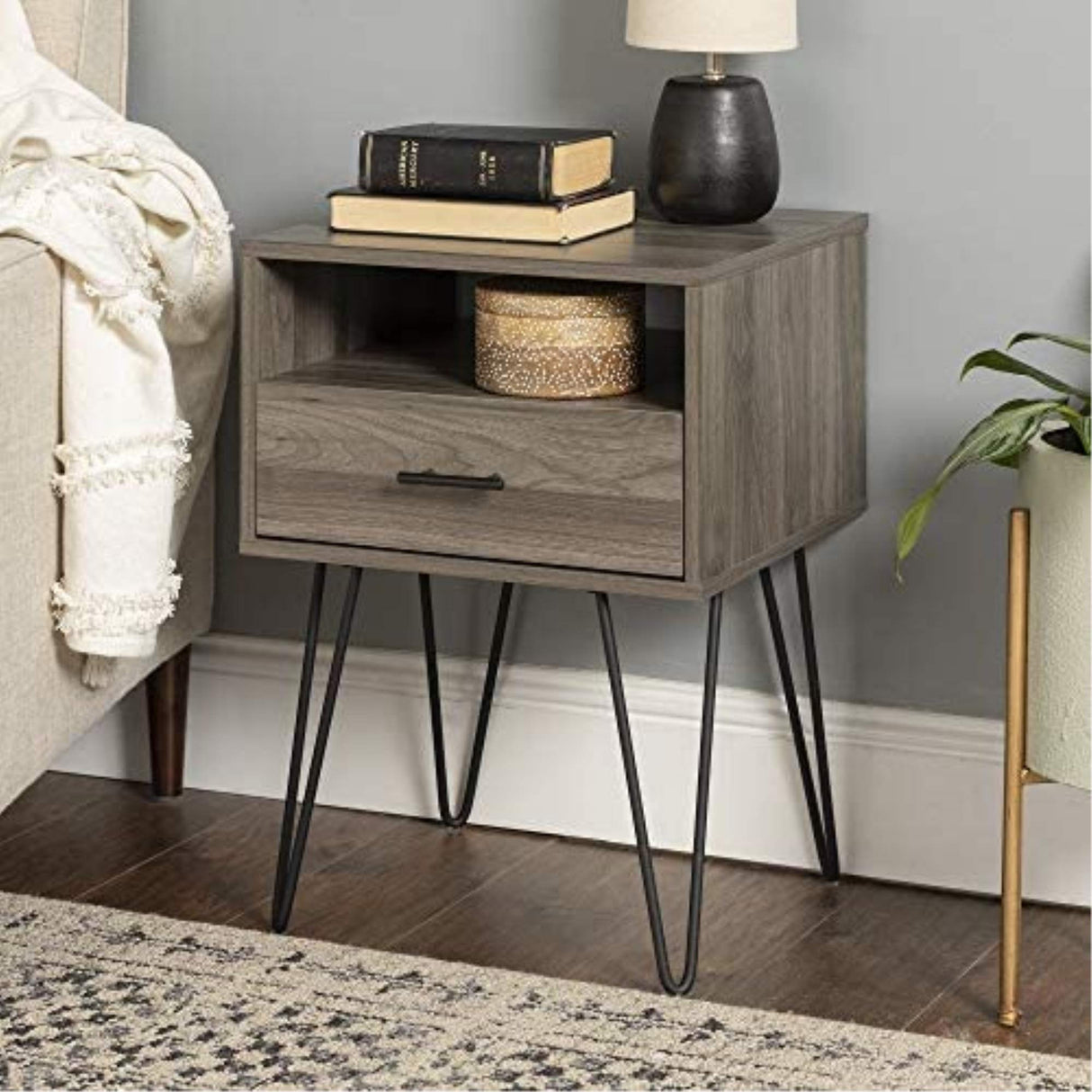 Walker Edison Modern Farmhouse Grooved Door Wood Side Accent Table Living Room Storage Small End Table With Cabinet Door, 18 Inch, Slate Grey Walker Edison