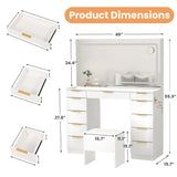 Pamapic 11 Drawers Vanity Desk with Golden Handles, Upgraded Silent Slides Vanity Mirror with Lights, 3 Lighting Modes Glass Top Makeup Vanity with Chair and Portable Mirror, Charging Station Pamapic